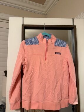 Vineyard Vines Coral Quarter-Zip Pullover with Navy Printed Shoulder Panels